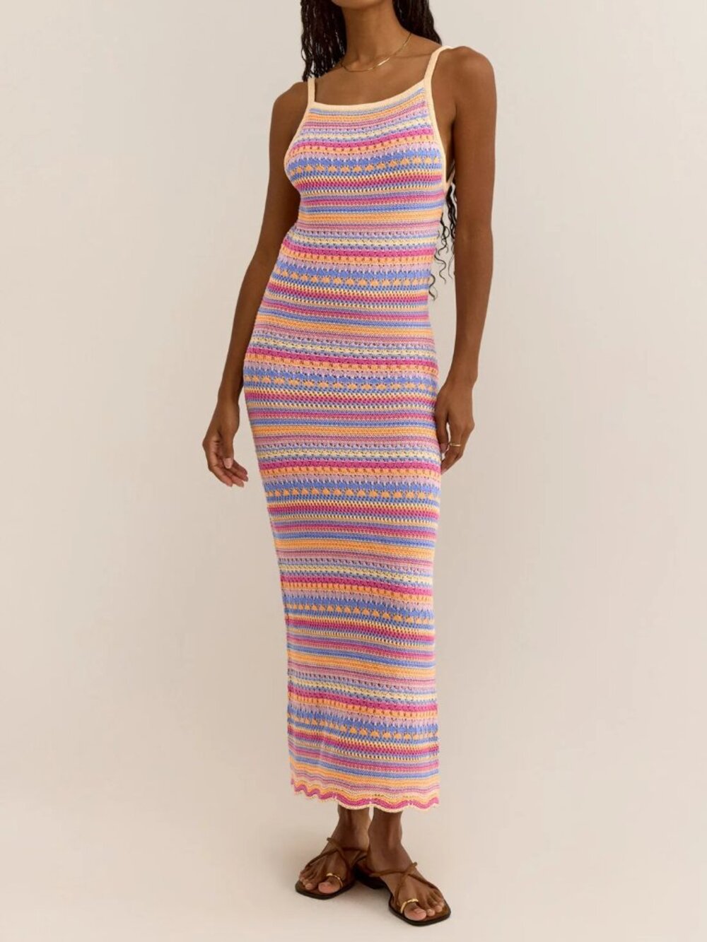 Z Supply Santa Cruz Stripe Midi Dress Crochet Knit Pastel Raspberry Sorbet Med